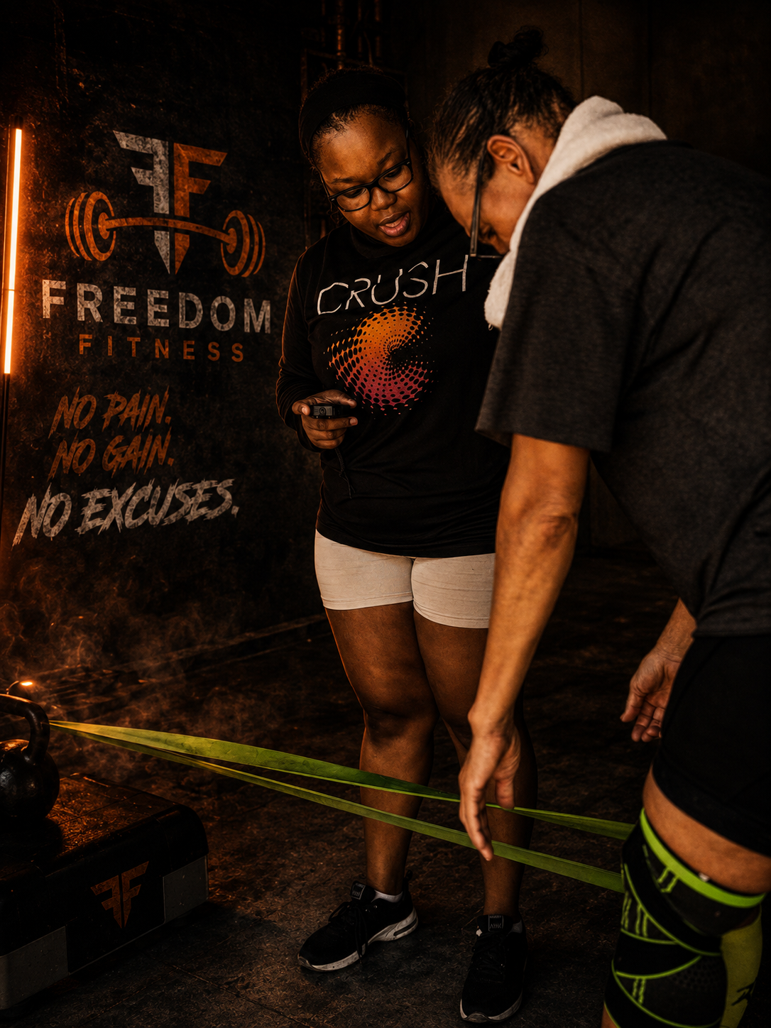 Coach mentoring a teenage athlete inside Freedom Fitness gym