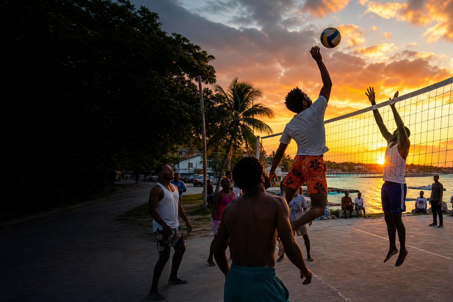 Community sports moment at golden hour in Rock Sound, Eleuthera