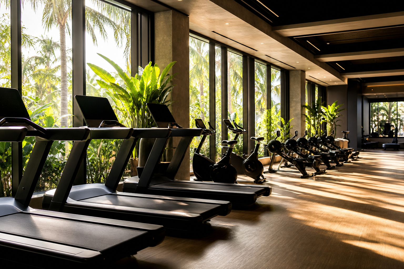 The cardio deck with treadmills, bikes and rowers in island light