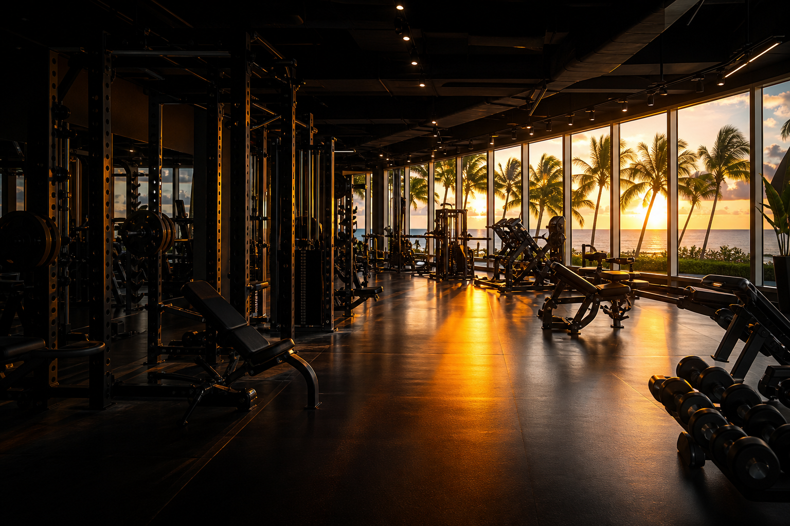 Atmospheric view of the Freedom Fitness gym floor at dusk in Rock Sound, Eleuthera