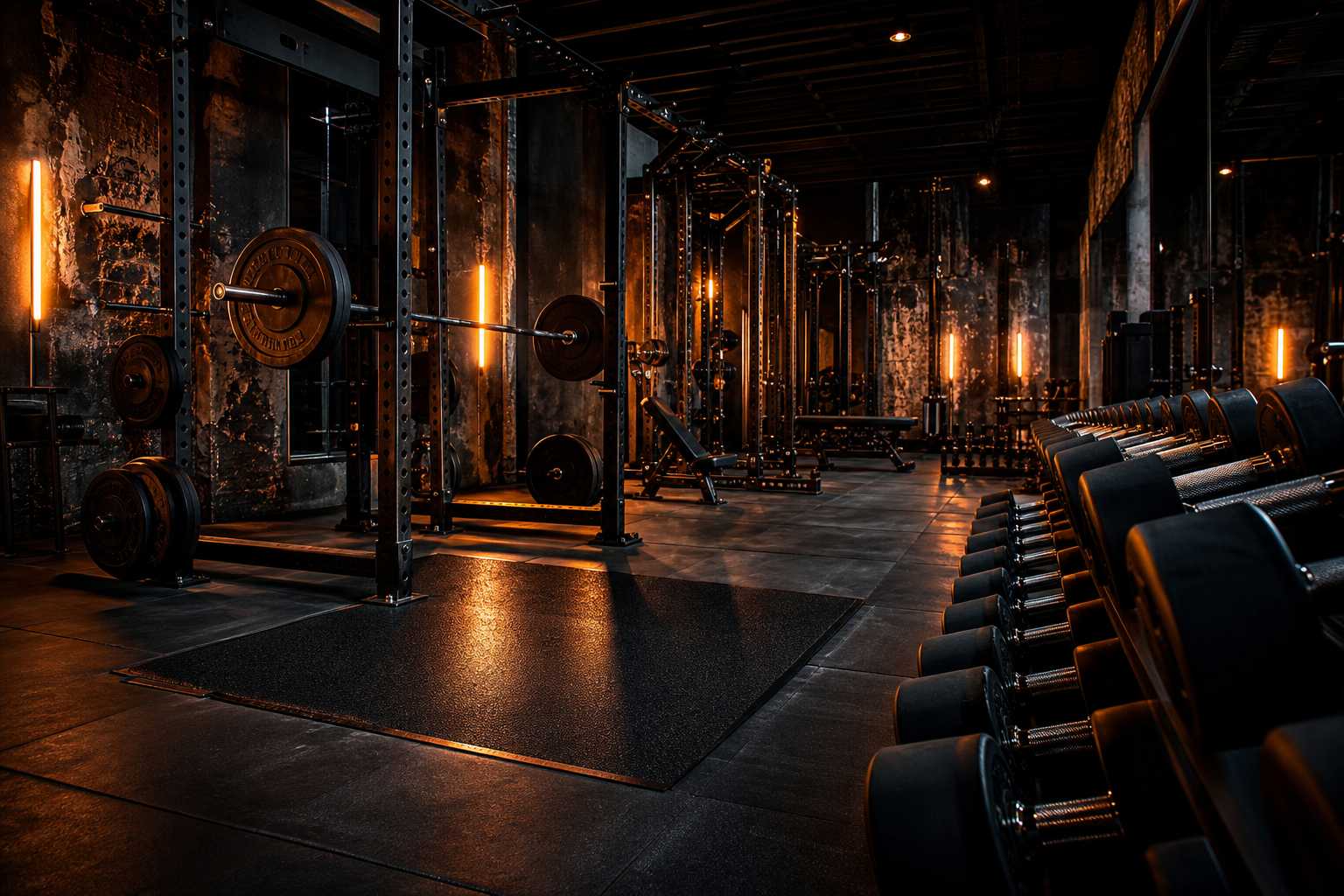 The free weights and strength area with racks and platforms