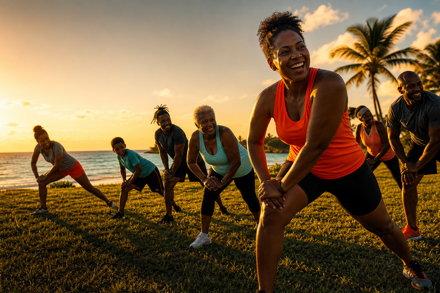 Outdoor community fitness gathering at golden hour on Eleuthera