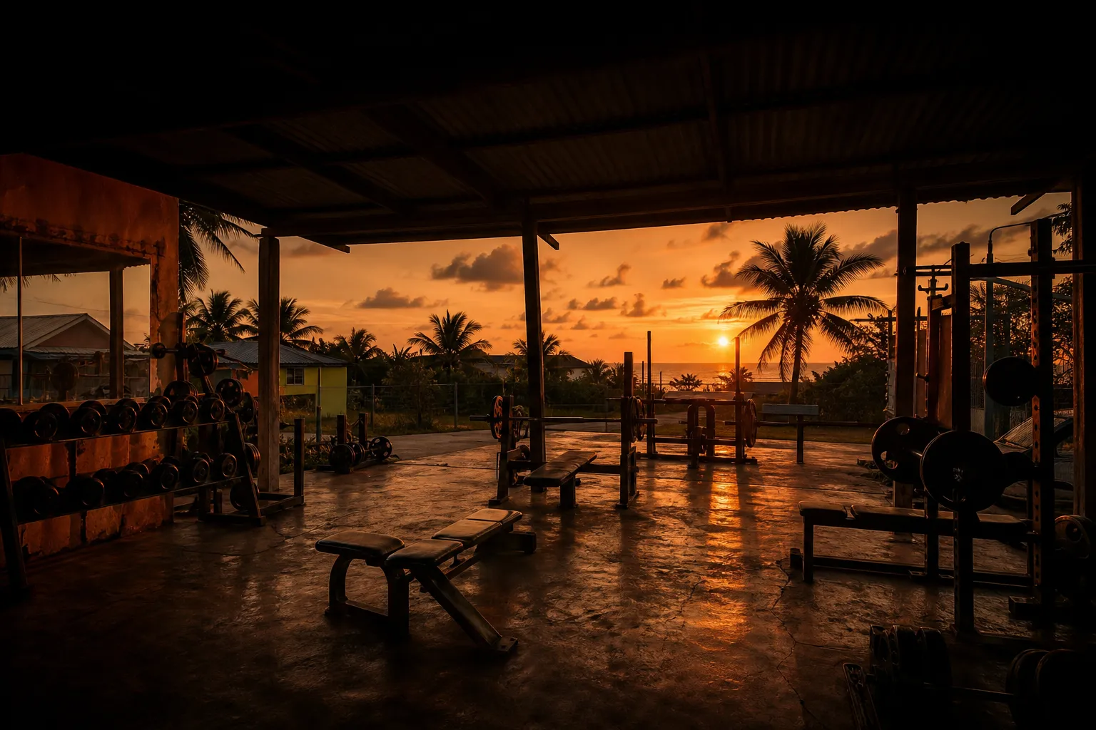 Freedom Fitness community gym at golden hour in Rock Sound, Eleuthera
