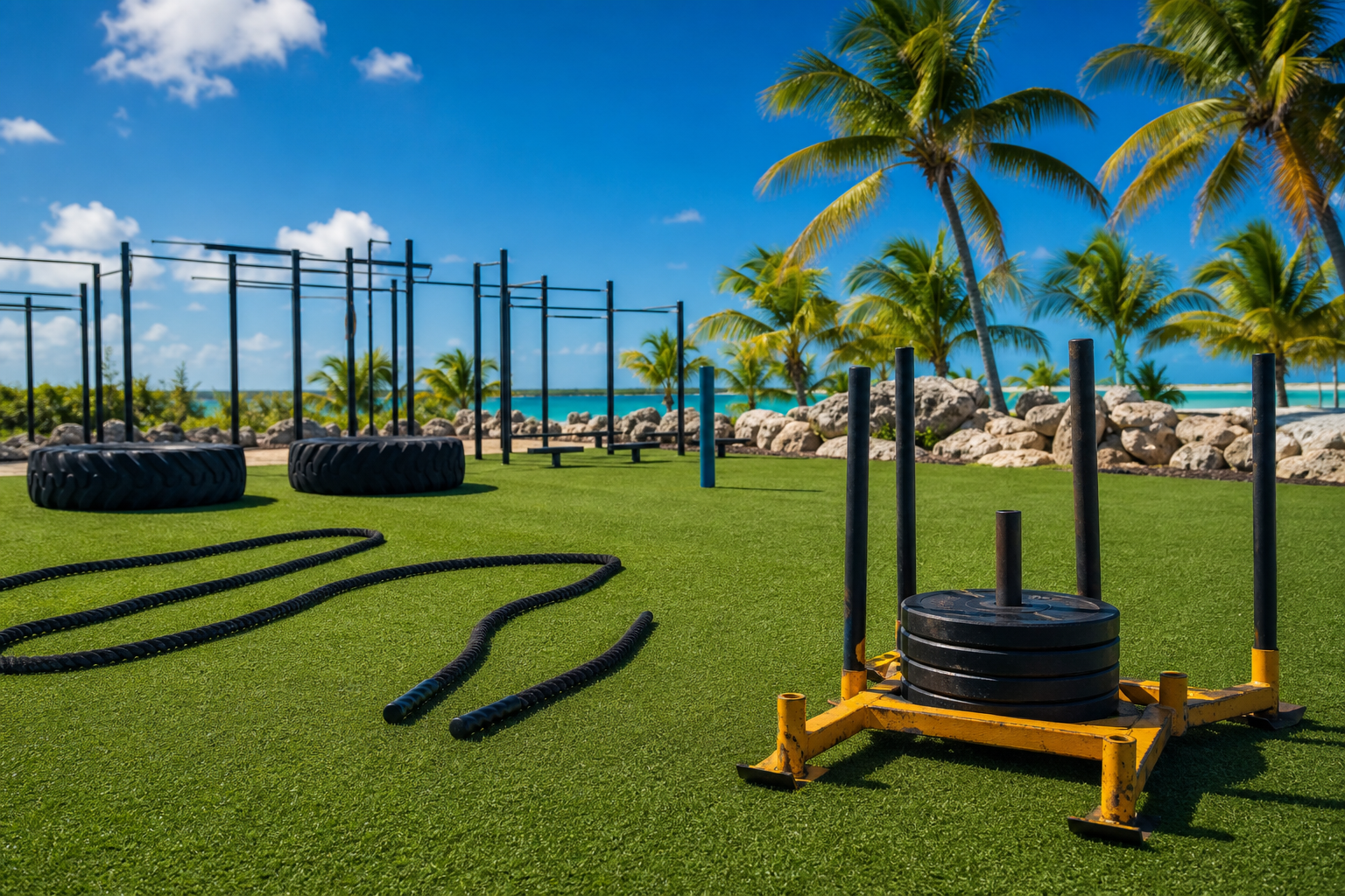 Outdoor training yard under the Eleuthera sun